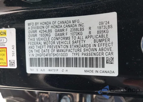 2025 Honda Civic Hybrid Sport/Sport Touring from USA, damaged, VIN 2HGFE4F87SH310033